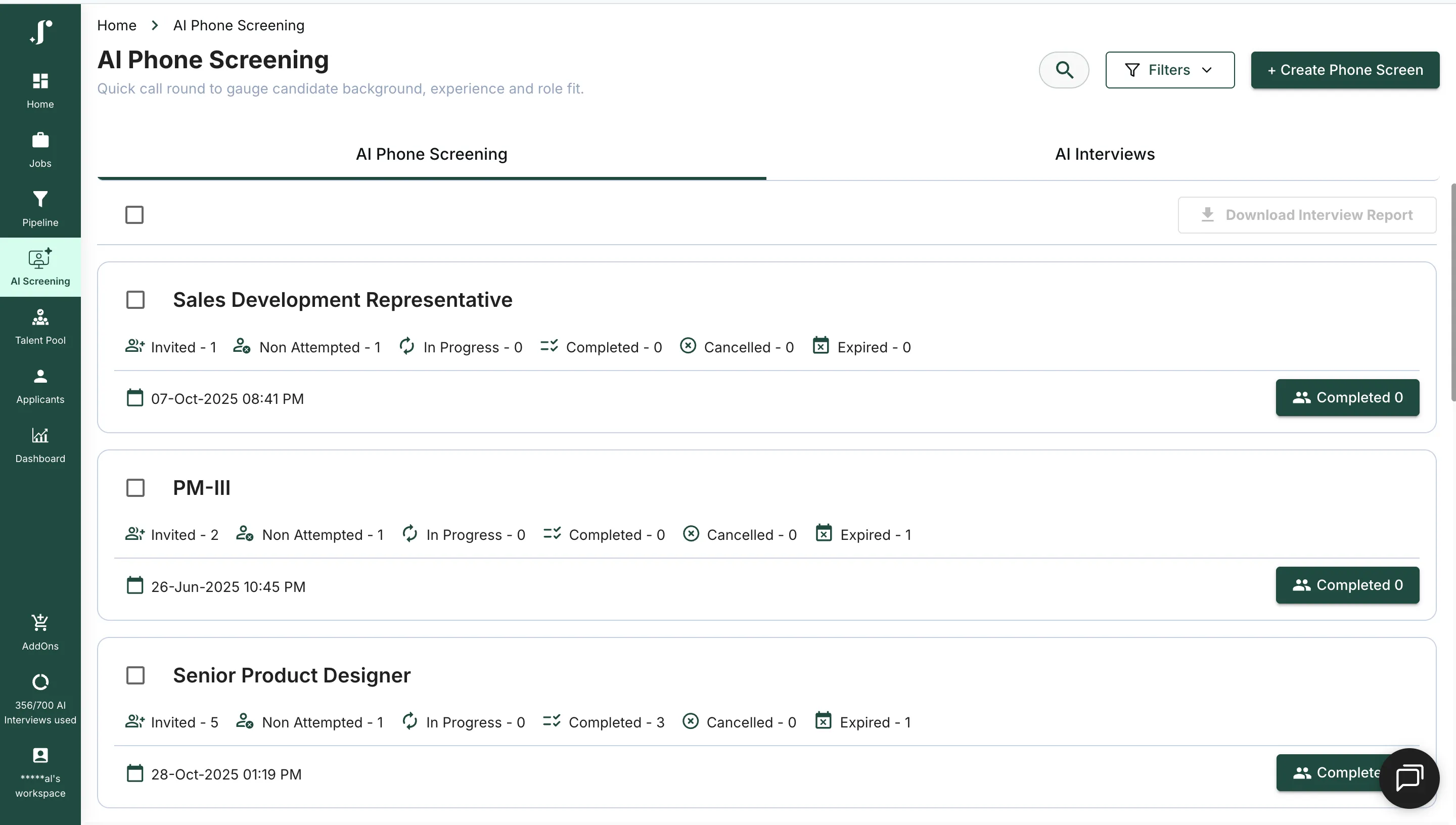 JusRecruit AI Phone Screening dashboard