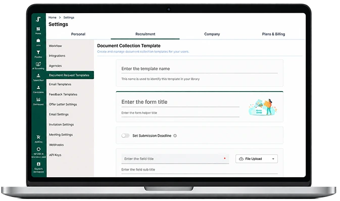 JusRecruit Document Collection Template settings screen