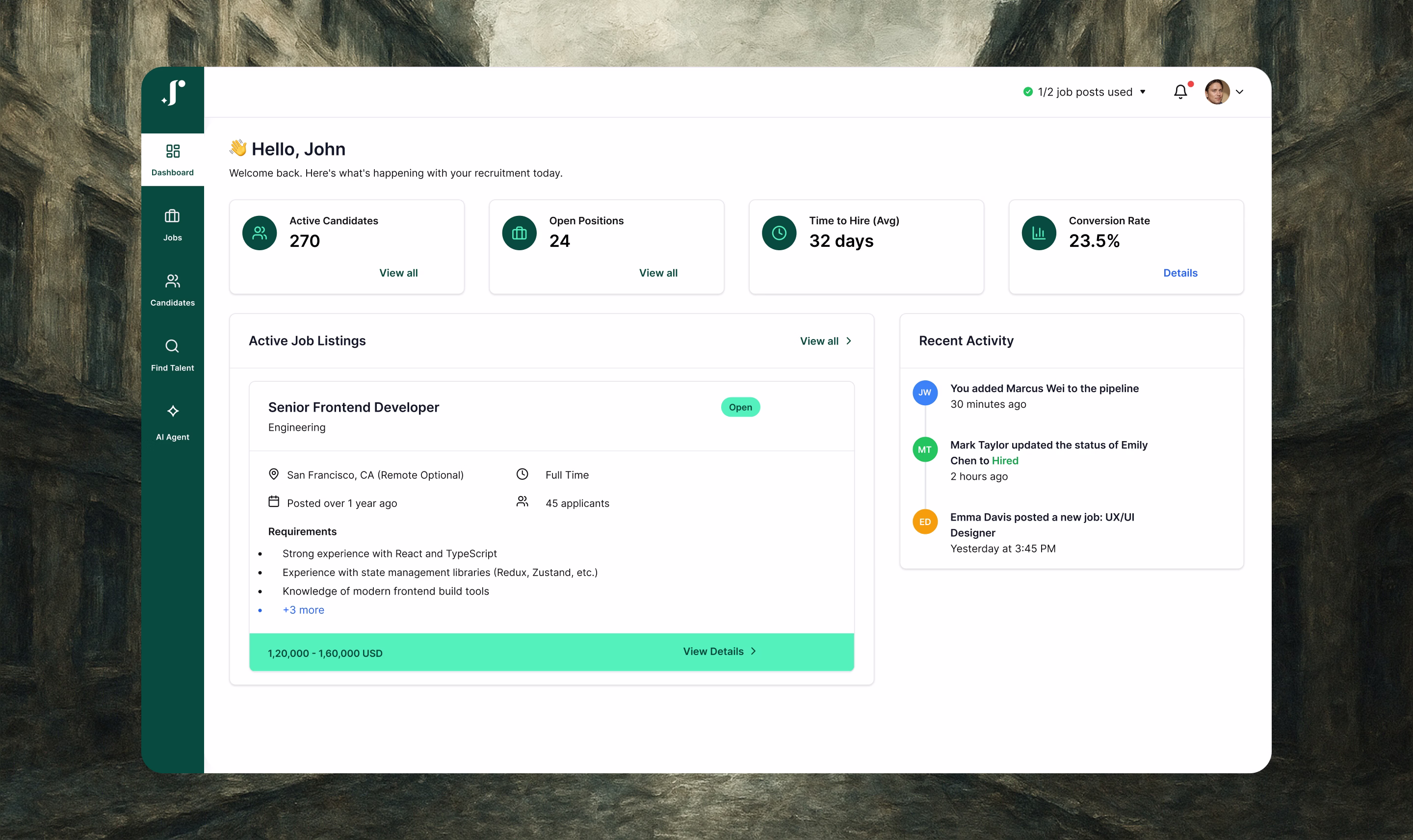 JusRecruit AI recruiting platform dashboard showing candidate screening and interview features