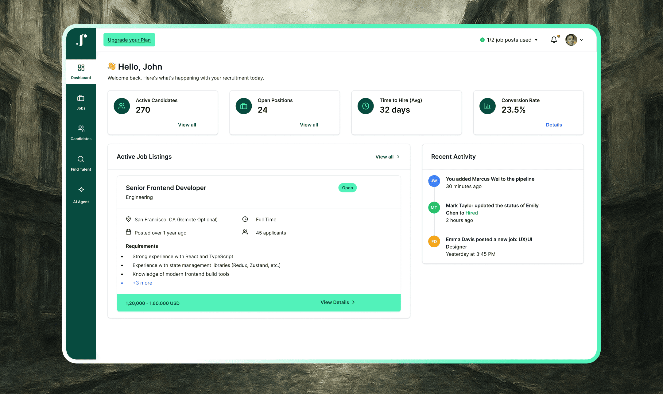JusRecruit AI recruiting platform dashboard showing candidate screening and interview features
