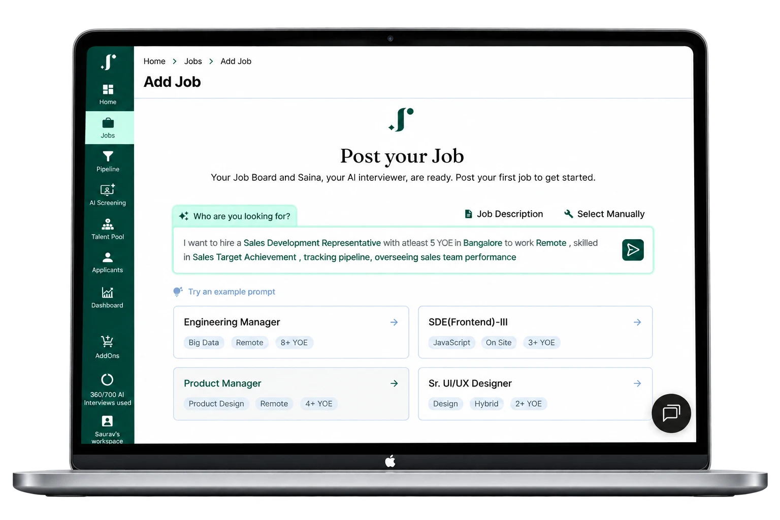 JusRecruit “Post your Job” screen