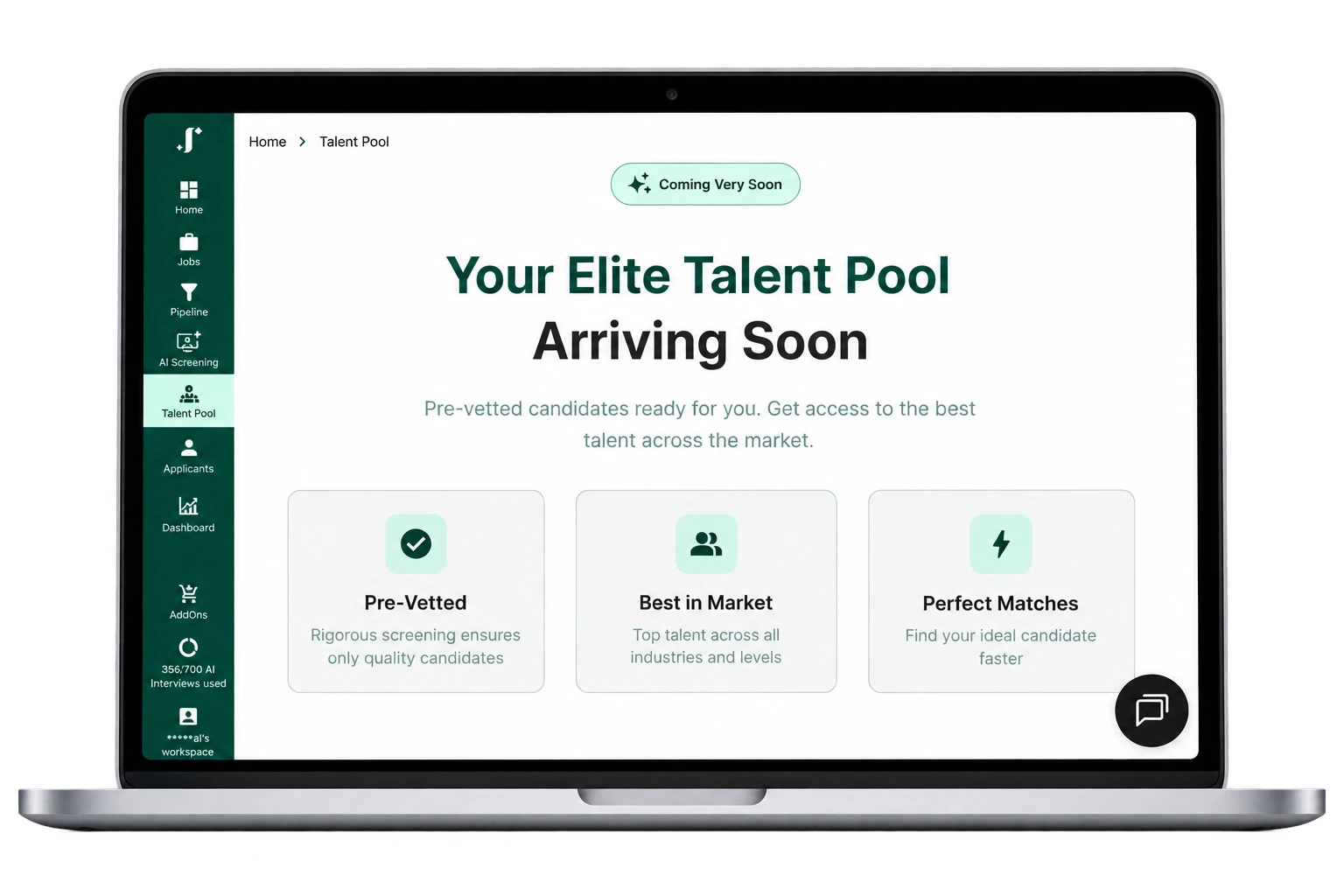 JusRecruit Talent Pool screen - arriving soon