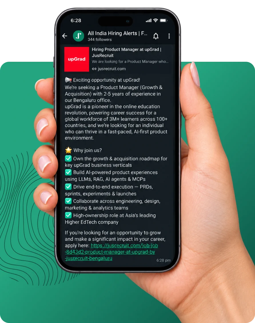 WhatsApp job alerts channel on a phone showing a new JusRecruit job posting